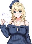  1girl abataa absurdres alternate_costume atago_(kancolle) bare_shoulders beret blonde_hair blue_eyes blue_headwear blue_sweater blush breasts character_name cleavage dated hat highres kantai_collection large_breasts long_hair looking_at_viewer off-shoulder_sweater off_shoulder one-hour_drawing_challenge ribbed_sweater signature simple_background smile solo sweater upper_body white_background 