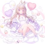  1girl animal_ears balloon blunt_bangs bow brown_hair dessert dress food hairband highres jacket long_hair omochi_monaka open_clothes open_jacket original purple_eyes rabbit_ears slippers socks white_dress white_socks 