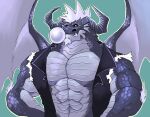  abs absurd_res anthro biceps black_sclera bubble_gum clothed clothing dragon facial_hair goatee green_background hi_res horn kas20241013 kemono looking_at_viewer male membrane_(anatomy) membranous_wings open_clothing open_shirt open_topwear pecs scalie shirt simple_background solo topwear western_dragon wings yellow_eyes 