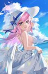  1girl :d absurdres alternate_costume angel_wings backless_outfit bare_arms bare_shoulders blue_archive blue_sky blush bow breasts cloud day dress feathered_wings from_behind hair_between_eyes hat highres long_hair looking_at_viewer medium_breasts mika_(blue_archive) nitoron open_mouth outdoors pink_hair ribbon sideboob sky sleeveless sleeveless_dress smile solo straw_hat sundress very_long_hair white_dress white_headwear white_wings wing_ornament wings 