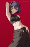  1girl absurdres alternate_costume arm_up armpits bare_arms bare_shoulders black_clover black_hair black_pants breasts commentary cropped_shirt highres horns izei1337 looking_at_viewer navel pants red_background red_eyes secre_swallowtail shirt short_hair sleeveless sleeveless_shirt solo stomach twitter_username 