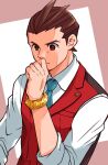  1boy ace_attorney alternate_eye_color antenna_hair apollo_justice aqua_necktie bracelet breast_pocket brown_eyes brown_hair clenched_hand closed_mouth collared_shirt forked_eyebrows hand_on_own_chin heterochromia highres jewelry lapel_pin lapels male_focus necktie pocket ragi_(od6fine) red_eyes red_vest shirt short_hair simple_background solo thinking two-tone_background upper_body v-shaped_eyebrows vest white_shirt 
