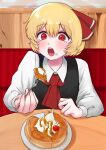  1girl ascot black_vest blonde_hair cherry collared_shirt commentary_request cream dessert eating food fork fruit hair_ribbon highres holding holding_fork open_mouth plate red_ascot red_eyes red_ribbon ribbon rumia shirt short_hair solo touhou vest white_shirt yomogi_0001 