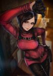  1girl ada_wong black_gloves black_hair black_leggings blurry blurry_background breasts brown_eyes cowboy_shot gloves half_gloves hand_on_own_hip harness highres holding holding_key key leggings long_sleeves looking_at_viewer magion02 medium_breasts red_sweater resident_evil resident_evil_4 resident_evil_4_(remake) short_hair smile solo sweater swept_bangs 