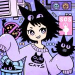  1girl :d animal animal_ears animal_print black_cat black_hair blush_stickers bright_pupils cat cat_ears cat_print clothes_writing commentary dot_mouth emoji extra_eyes fang garouma grin hands_up highres holding holding_animal holding_cat long_sleeves notice_lines original purple_background purple_eyes purple_sweater short_hair signature single_bare_shoulder sleeves_past_fingers sleeves_past_wrists smile solo sweater symbol-only_commentary trash_can upper_body white_pupils 