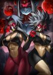  3girls abs absurdres black_hair blue_skin breasts caulifla cleavage colored_skin dragon_ball dragon_ball_(object) dragon_ball_heroes earrings elbow_gloves elite_nappa evil_smile gloves grin highres holding jewelry kale_(dragon_ball) large_breasts lips looking_at_viewer mask multiple_girls pointy_ears red_eyes sideboob smile smirk spiked_hair time_breaker_mask towa_(dragon_ball) white_hair 