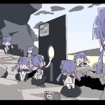  2001_a_space_odyssey 6+girls animal_ears bandaid black_skirt cat_ears commentary_request floppy_disk letterboxed lowres multiple_girls original parody puffy_short_sleeves puffy_sleeves purple_hair rokuro-chan rokuro_no_mawashimono short_sleeves skirt squatting twintails 