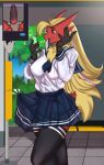  absurd_res anthro blaziken blonde_hair bottomwear breasts clothed clothing erection erection_under_clothing fully_clothed generation_3_pokemon genitals gynomorph hair hi_res intersex nintendo penis pokemon pokemon_(species) purple_eyes rolling_beast school_uniform skirt solo tenting uniform 