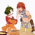  1boy 1girl absurdres back_bow bow brown_eyes brown_gloves choker closed_mouth collarbone dress farah_oersted food gloves green_hair highres jewelry open_mouth orange_dress red_choker red_hair reid_hershel short_hair simple_background smile tales_of_(series) tales_of_eternia white_background youme_xz 
