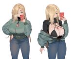  1girl between_breasts blonde_hair blue_eyes breastless_clothes breasts cellphone cleavage closed_mouth cowboy_shot criss-cross_halter denim green_jacket hair_over_one_eye halterneck hand_on_own_hip highres jacket jeans jewelry jitome large_breasts light_frown long_hair looking_at_viewer miami-chan_(ryusei_hashida) multiple_views necklace o-ring o-ring_top open_clothes open_jacket original pants phone ryusei_hashida selfie simple_background smartphone strap_gap turtleneck white_background 