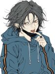  1boy alternate_costume black_eyes black_hair blue_hoodie ear_piercing feitan_portor hand_up highres hood hood_down hoodie hunter_x_hunter karasuma_(wbeach01) looking_at_viewer male_focus mask mask_pull mouth_mask parted_bangs piercing short_hair solo tongue tongue_out tongue_piercing upper_body wavy_hair 