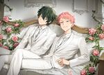  11942tm 2boys absurdres alternate_costume blazer blue_eyes buttons closed_mouth collared_shirt commentary_request crossed_legs ensemble_stars! flower formal green_hair hair_between_eyes heterochromia highres indoors itsuki_shu jacket kagehira_mika korean_commentary lapels leaf long_sleeves looking_at_viewer male_focus multiple_boys necktie notched_lapels pants petals pink_flower pink_hair pink_rose purple_eyes rose shirt short_hair sitting split_mouth teeth valkyrie_(ensemble_stars!) white_jacket white_necktie white_pants yellow_eyes 