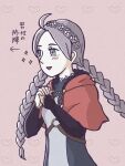  1girl ahoge black_bridal_gauntlets blue_eyes braid capelet facing_to_the_side fire_emblem fire_emblem_fates grey_eyes hairband long_hair looking_to_the_side low_twin_braids macchakurogoma nina_(fire_emblem) o-ring_harness parted_bangs red_capelet twin_braids white_hairband 