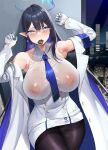  1girl absurdres ahoge armpits arms_up asakura_kukuri bare_shoulders black_hair blue_archive blue_eyes blue_necktie blush breasts buttons condom condom_in_mouth condom_wrapper covered_nipples dress gloves hair_between_eyes halo highres huge_breasts impossible_clothes indoors long_hair looking_at_viewer mouth_hold necktie night night_sky no_bra pointy_ears rin_(blue_archive) see-through sky sleeveless sleeveless_dress solo sweat thighs very_long_hair white_dress white_gloves 