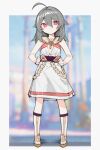  1girl absurdres ahoge bare_arms blurry blurry_background closed_mouth dress error1980 full_body grey_hair hair_between_eyes hands_on_own_hips highres honkai_(series) honkai_impact_3rd jewelry key_necklace long_hair looking_at_viewer necklace red_eyes sandals sleeveless sleeveless_dress smile solo standing vita_(young)_(honkai_impact) white_dress yellow_pupils 