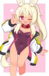  1girl ;d animal_ear_fluff animal_ears barefoot blonde_hair collar commentary_request covered_navel hand_up heart highres jacket leotard long_hair long_sleeves looking_at_viewer masurao_(sekaiju) masurao_2_(sekaiju) naga_u one_eye_closed open_clothes open_jacket pink_background ponytail puffy_long_sleeves puffy_sleeves purple_leotard rabbit_ears red_collar red_eyes sekaiju_no_meikyuu sekaiju_no_meikyuu_5 smile solo standing standing_on_one_leg strapless strapless_leotard two-tone_background v very_long_hair white_background white_jacket 