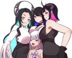  4girls :d absurdres anerissa_ravencroft aqua_hair bare_shoulders black_gloves black_hair blue_hair breast_rest breasts breasts_on_head chest_jewel colored_inner_hair demon_girl gloves height_difference highres hololive hololive_english holykoshi horns koseki_bijou large_breasts long_hair mole mole_under_eye multicolored_hair multiple_girls nerissa_ravencroft one_eye_closed oneerissa_ravencroft open_mouth pink_eyes pink_hair purple_eyes short_hair siblings simple_background sisters sleeveless smile very_long_hair white_background 