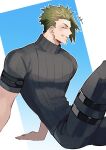  absurdres achilles_(fate) black_pants black_shirt blush closed_eyes facing_to_the_side fate/apocrypha fate_(series) from_side green_hair grin haruakira highres muscular muscular_male outline pants ribbed_shirt shirt short_hair short_sleeves sitting smile thigh_strap undercut white_outline 