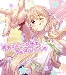  1girl absurdres blonde_hair blue_shorts brown_eyes double_w emphasis_lines flat_chest futaba_anzu ggi315 hair_between_eyes hands_up highres idolmaster idolmaster_cinderella_girls leg_up light_blush long_hair looking_at_viewer low_twintails multicolored_background pink_footwear print_shirt red_wristband shirt shorts smile solo star_(symbol) tongue tongue_out twintails twitter_username w white_shirt 