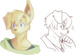  alternate_species ambiguous_gender anthro bangs blonde_hair blue_eyes canid canine canis circle_eyebrows clawed_fingers clothed clothing dew-creek domestic_dog eyebrows floppy_ears fur furrification hair jewelry mammal neck_tuft necklace one_ear_up ouran_high_school_host_club shirt snout solo tamaki_suoh topwear tuft yellow_body yellow_fur 