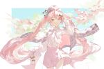  1girl chaoxicha chinese_commentary commentary floating_clothes floating_hair hatsune_miku highres long_hair looking_at_viewer official_alternate_costume pink_eyes pink_hair pink_skirt sakura_miku sakura_miku_(rella) skirt smile solo twintails very_long_hair vocaloid 