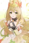  1girl blonde_hair bow breasts butterfly_hair_ornament celine_(fire_emblem) cleavage crown detached_sleeves dress dress_bow fire_emblem fire_emblem_engage flower green_bow green_eyes hair_flower hair_ornament haru_(nakajou-28) long_hair orange_bow outstretched_hand parted_lips small_breasts solo very_long_hair wrist_bow yellow_dress 