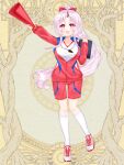  1girl :d bangs blush bow full_body grey_hair gym_shirt gym_shorts gym_uniform hair_bow holding horns jacket kerberos_blade kneehighs long_hair long_sleeves megaphone open_clothes open_jacket parted_bangs pink_footwear ponytail puffy_long_sleeves puffy_sleeves red_bow red_eyes red_jacket red_shorts shikito shirt shoes shorts sidelocks single_horn smile socks solo standing standing_on_one_leg very_long_hair whistle whistle_around_neck white_shirt white_socks 