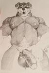  2023 anthro balls big_pecs black_body black_fur body_hair canid canine canis cigar domestic_dog erebonbon eyewear front_view fur genitals graphite_(artwork) happy_trail hi_res holding_penis looking_at_viewer low-angle_view male mammal mastiff molosser monochrome muscular muscular_anthro muscular_male nipple_piercing nipples pecs pencil_(artwork) penis piercing portrait presenting presenting_penis pubes rennin rottweiler simple_background smoking smoking_cigar solo sunglasses thick_thighs three-quarter_portrait traditional_media_(artwork) vein veiny_penis 