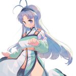  1girl antenna_hair beads blue_hair breasts dress hairband long_hair long_sleeves looking_at_viewer mamotte_shugogetten! multicolored_hair purple_eyes shimazaki1152 shugogetten_shaolin side_slit simple_background solo very_long_hair white_background 