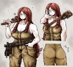  ass bare_shoulders breasts ekfh4rnrqkq eminem_throwing_a_fat_rat_(meme) grey_eyes highres large_breasts long_hair looking_at_viewer meme muscular muscular_female overalls red_hair tool_belt wrench 