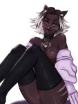  anthro blonde_hair bobas breasts brown_body brown_fur clothing felid feline female front_view fur gradient_hair hair heart_(marking) hi_res legwear mammal nipples pink_eyes pink_nipples small_breasts smile smiling_at_viewer stockings 