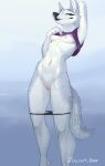  anthro blue_eyes breasts canid canine canis clothed clothing discreet_user eyelashes female front_view fur genitals grey_body grey_fur hi_res mammal nipples panties panties_down partially_clothed pussy raised_clothing raised_topwear smile solo standing topwear underwear underwear_down white_body white_fur wolf 