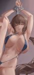  1girl absurdres armpits bdsm blue_slingshot_swimsuit bondage bound bound_wrists breasts brown_eyes brown_hair clenched_teeth commission crossed_bangs hasegawa_nayu highres large_breasts leg_up long_hair looking_at_viewer low_ponytail navel parted_lips rope rou-kyuu-bu! slingshot_swimsuit smoothatin solo stomach sweat swimsuit teeth very_long_hair 