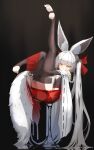  1girl absurdly_long_hair alcohol animal_ears artist_name asanagi_(azur_lane) azur_lane black_background black_gloves black_leotard black_thighhighs bow breasts cleavage_cutout closed_mouth clothing_cutout cup detached_sleeves drinking_glass elbow_gloves expressionless feet fingerless_gloves fox_ears fox_girl fox_tail gloves hair_bow highres hugging_own_legs in_container in_cup leg_up leotard long_hair looking_at_viewer no_shoes red_bow simple_background small_breasts soles solo sonaworld stirrup_legwear tail thick_eyebrows thighhighs toeless_legwear toes twintails very_long_hair wide_sleeves wine wine_glass yellow_eyes 