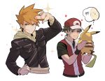  2boys blue_oak brown_eyes brown_hair closed_mouth hand_on_own_hip hat highres holding holding_pokemon jacket korean_text long_sleeves male_focus multiple_boys pikachu pokemon pokemon_(creature) pokemon_(game) pokemon_hgss red_(pokemon) red_headwear red_vest redlhzz salute shirt short_hair short_sleeves smile sparkle spiked_hair split_mouth t-shirt thought_bubble two-finger_salute vest white_background wristband 