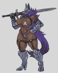  2023 abs absurd_res animal_humanoid armor big_breasts bikini boots breasts brown_body brown_skin clothing deltoids female footwear furgonomics genitals hair headgear helmet hi_res huge_breasts humanoid hutago mammal mammal_humanoid melee_weapon micro_bikini muscular muscular_female purple_hair purple_tail pussy pussy_floss quads scar solo swimwear sword tail weapon 