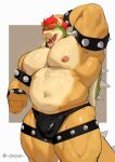  2023 anthro armband barazoku belly biceps big_bulge big_muscles border bowser bracelet bulge clothed clothing collar doooo2424 eyebrows grey_background hair hand_behind_head hi_res horn huge_muscles huge_thighs jewelry kemono koopa legband looking_at_viewer male mario_bros musclegut muscular muscular_anthro muscular_male navel nintendo nipples non-mammal_nipples obliques open_mouth open_smile pecs quads scalie serratus shell simple_background smile solo spiked_armband spiked_bracelet spiked_collar spiked_legband spiked_shell spiked_tail spikes spikes_(anatomy) standing tail teeth text thick_thighs thong thong_only tongue topless topless_anthro topless_male underwear underwear_only url white_border 