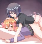  2girls black_hair black_shirt blush cardigan enami_kiyose green_eyes grey_skirt hand_on_another&#039;s_head heart heart-shaped_pupils highres implied_futanari light_brown_hair lying motion_lines multiple_girls no_panties on_bed on_stomach open_mouth pillow prone_bone purple_cardigan sakatsu_m sex shirt short_hair skirt slow_start sweat symbol-shaped_pupils teacher_and_student tokura_eiko 