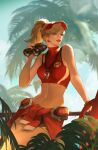  1girl absurdres arm_support binoculars blonde_hair breasts earrings highres jewelry lifeguard lipstick luna-9 makeup medium_breasts mercy_(overwatch) midriff nail_polish navel outdoors overwatch overwatch_1 overwatch_2 ponytail red_headwear solo tree twitter_username upper_body whistle whistle_around_neck 