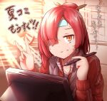  1girl aoi_mokuren bags_under_eyes calendar_(object) cold_pack drawing_tablet exhausted gym_uniform hair_bun highres holding holding_stylus jacket long_sleeves looking_at_viewer nervous_smile red_hair red_jacket senningiri single_hair_bun smile solo stylus sunlight sweatdrop tenka_hyakken towel towel_around_neck track_jacket v yellow_eyes 