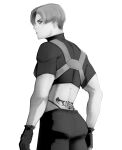  1boy absurdres back_tattoo commentary crop_top from_behind gloves greyscale heart heart_tattoo highleg highleg_panties highres leon_s._kennedy male_focus monochrome muscular muscular_male panties profile resident_evil resident_evil_4 resident_evil_4_(remake) solo tattoo tramp_stamp underwear xyanaid 