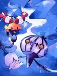  animal_focus artist_name blue_background chandelure chingling colored_skin fire floating hanabusaoekaki highres litwick no_humans open_mouth pokemon pokemon_(creature) solid_oval_eyes white_skin yellow_eyes 