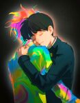  2boys aura black_background black_hair closed_eyes colorful comforting dual_persona eyelashes floating_hair gaiyonghuyoudu141 gakuran happy head_on_another&#039;s_shoulder highres kageyama_shigeo long_sleeves male_focus mob_psycho_100 multiple_boys school_uniform short_hair smile surreal upper_body 