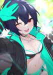  1girl absurdres belt black_hair black_jacket breasts collarbone dance_on_the_galaxy_(idolmaster) dog_tags gloves green_belt green_gloves hair_between_eyes hand_up highres idolmaster idolmaster_shiny_colors jacket midriff morino_rinze navel one_eye_closed open_mouth red_eyes short_shorts shorts small_breasts sweat two-sided_fabric two-sided_jacket valefal_coneri white_shorts 