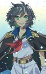  1girl :d air_bubble belt black_hair black_jacket bubble character_request green_eyes highres jacket looking_at_viewer nayozane_(worker7) neckerchief open_mouth red_neckerchief sailor sailor_collar shirt short_hair shorts smile solo touhou underwater upper_body white_shirt white_shorts 