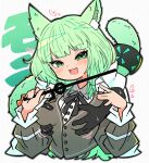  1girl 1other :d animal_ears arknights black_ribbon blush breasts cat_ears cat_girl cat_tail cropped_torso fang grabbing grabbing_another&#039;s_breast grabbing_from_behind green_eyes green_hair grey_jacket harmonie_(arknights) heart highres holding holding_wand infection_monitor_(arknights) jacket long_sleeves looking_at_viewer medium_breasts nankyoku_arikui neck_ribbon open_mouth ribbon short_hair skin_fang smile solo_focus tail tail_ornament tail_ring text_background upper_body wand 