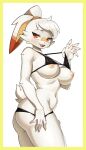  2023 4:7 5_fingers absurd_res anthro areola big_breasts bikini blush border breasts buckteeth butt claws clothed clothing clothing_lift digital_media_(artwork) female female_anthro finger_claws fingers floppy_ears flowerpigeon73 fur generation_8_pokemon hair hi_res kemono lagomorph looking_at_viewer mammal nintendo nipples open_mouth pokemon pokemon_(species) scorbunny scut_tail short_tail solo swimwear tail teeth thick_thighs tongue white_body white_fur white_hair yellow_border 