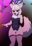  anthro antlers artmarshmallow bow_ribbon breasts bunny_costume canid canine cleavage clothed clothing costume crotchless_leotard deer female fishnet fox freckles genitals hi_res horn hybrid mammal marshmallow_fluff_(character) party pussy smile solo text 