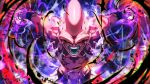  1boy abs aura black_sclera blue_tongue colored_sclera colored_tongue dark_aura dragon_ball dragon_ball_z fangs highres kamonegi_(meisou1998) kid_buu looking_at_viewer majin_buu male_focus open_mouth red_eyes solo topless_male veins 