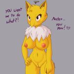  1:1 2023 absurd_res angry_eyes anthro big_breasts blush breasts digital_media_(artwork) dmoon female fur generation_1_pokemon genitals hand_on_hip hi_res hypno_(pokemon) nintendo nipples nude pokemon pokemon_(species) pussy simple_background solo text thick_thighs white_body white_fur wide_hips yellow_body yellow_fur 